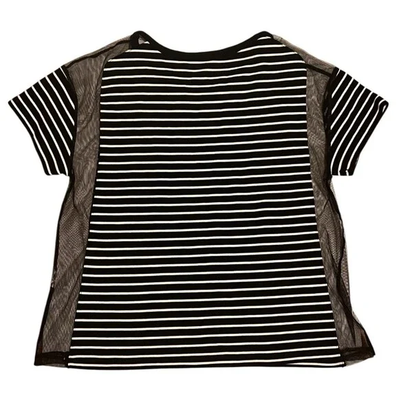 MAEVE By Anthropologie Black/White Striped Tulle-Mesh Inlay Tee Shirt Top Medium - Picture 5 of 7